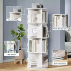 Acekool 4 Tier 360 Rotating Bookshelf Tower, White Spinning Bookcase Organizer for Kids Bedroom Playroom Study, 18 x 18 x 51 Inch