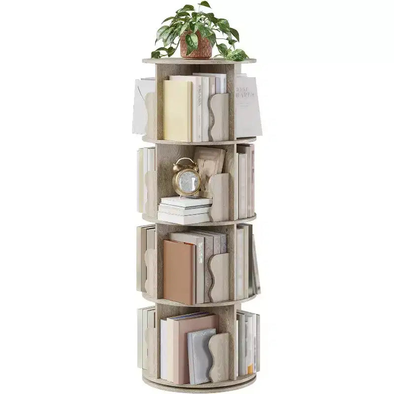 4 Tier 360 Rotating Bookshelf Tower, White Spinning Bookcase Organizer for Kids Bedroom Playroom Study, 18 x 18 x 51 Inch