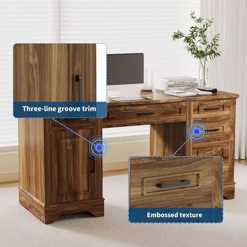 58 Executive Desk with 5 Drawers & Cabinet, Farmhouse Style Home Office Desk for Work, Study, Writing, White
