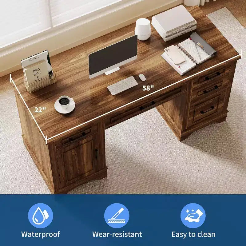 58 Executive Desk with 5 Drawers & Cabinet, Farmhouse Style Home Office Desk for Work, Study, Writing, White