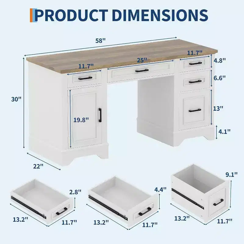 58 Executive Desk with 5 Drawers & Cabinet, Farmhouse Style Home Office Desk for Work, Study, Writing, White