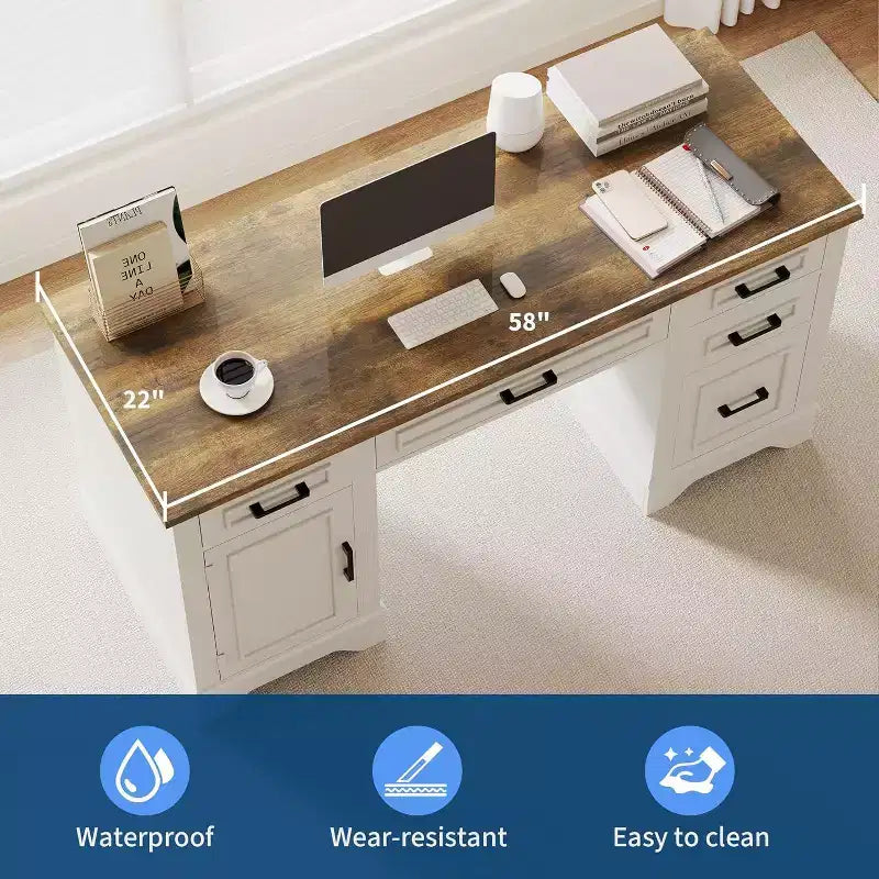 58 Executive Desk with 5 Drawers & Cabinet, Farmhouse Style Home Office Desk for Work, Study, Writing, White