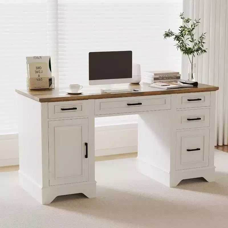 Acekool 58 Executive Desk with 5 Drawers & Cabinet, Farmhouse Style Home Office Desk for Work, Study, Writing, White