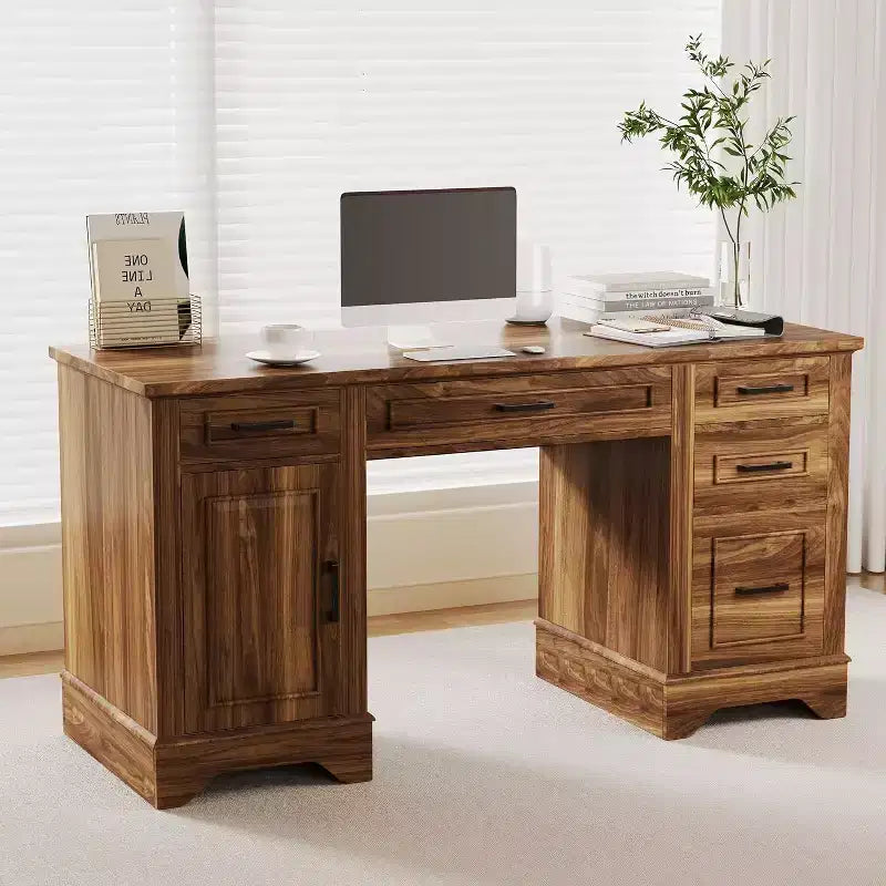 58 Executive Desk with 5 Drawers & Cabinet, Farmhouse Style Home Office Desk for Work, Study, Writing, White