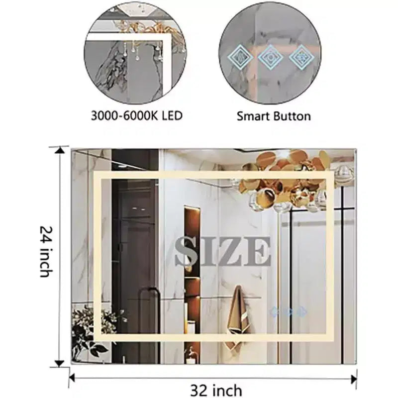 Bathroom Wall Mirror with Adjustable Brightness, Anti-Fog, Touch Control, Memory Function, Modern Vanity Mirror 32x24in
