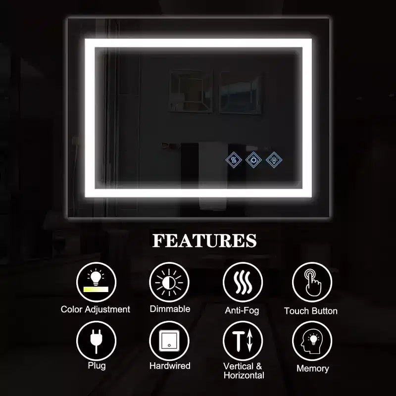Bathroom Wall Mirror with Adjustable Brightness, Anti-Fog, Touch Control, Memory Function, Modern Vanity Mirror 32x24in