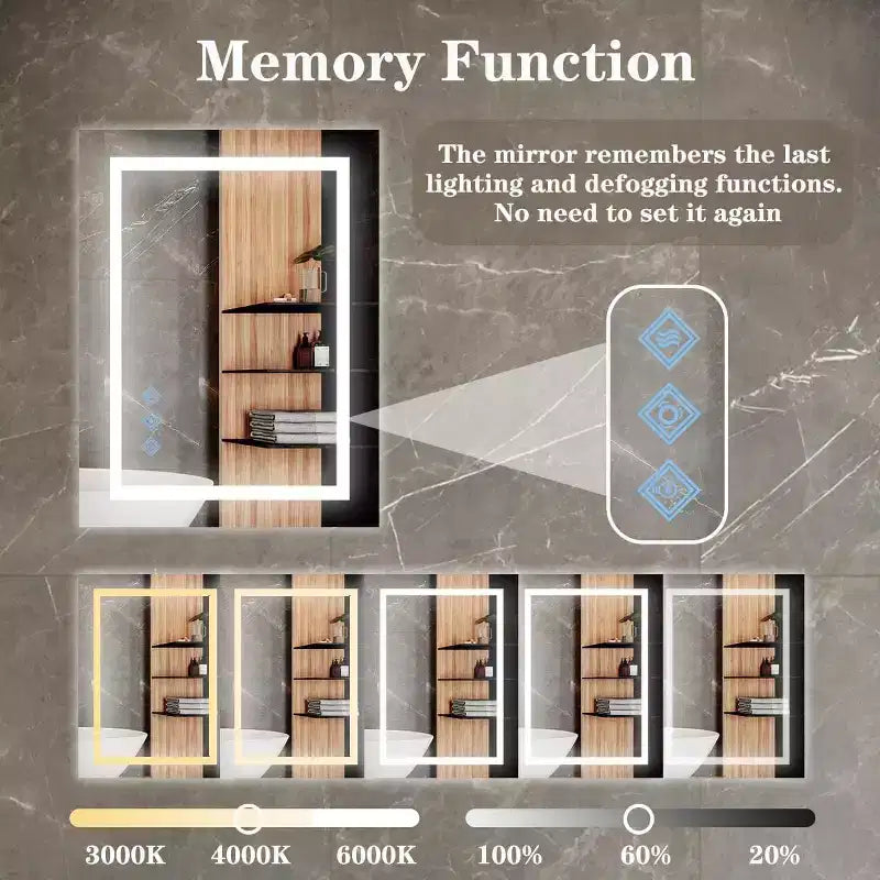 Bathroom Wall Mirror with Adjustable Brightness, Anti-Fog, Touch Control, Memory Function, Modern Vanity Mirror 32x24in