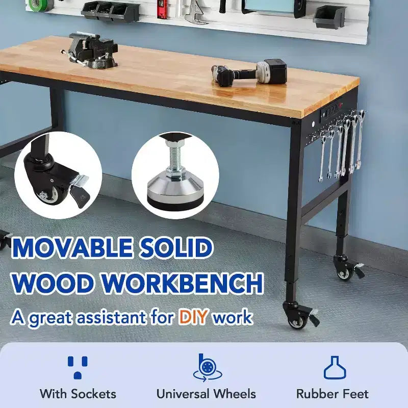 75x25 Adjustable Workbench, 2000lbs Capacity, 29.5-38.4 Height, Garage Table with Wheels & Power Outlet for Workshop Office