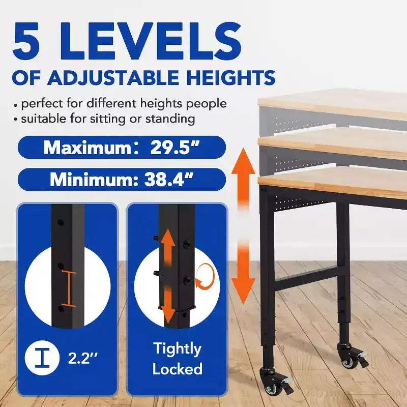 75x25 Adjustable Workbench, 2000lbs Capacity, 29.5-38.4 Height, Garage Table with Wheels & Power Outlet for Workshop Office