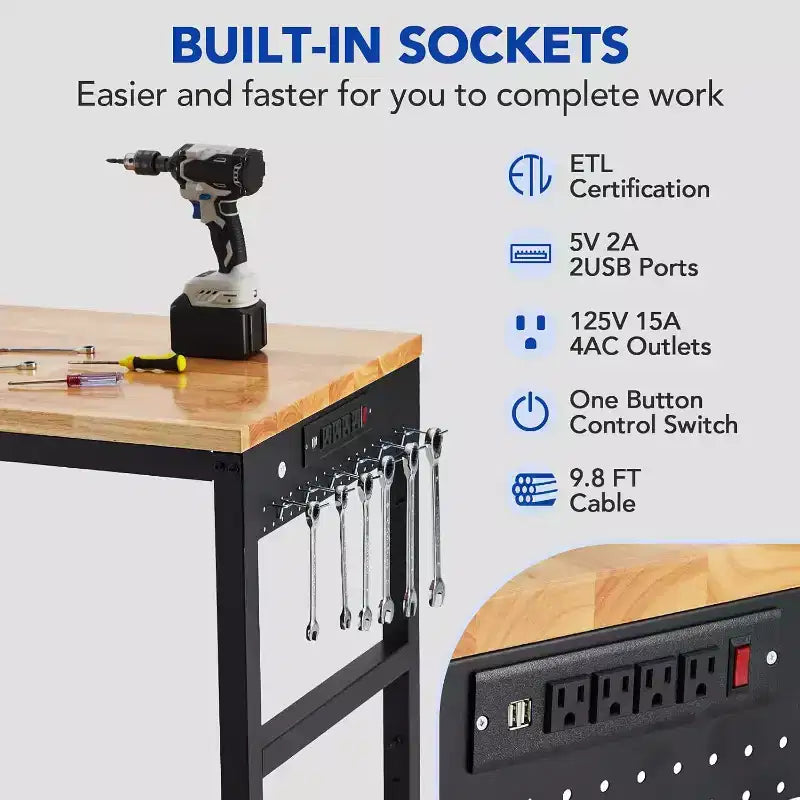 75x25 Adjustable Workbench, 2000lbs Capacity, 29.5-38.4 Height, Garage Table with Wheels & Power Outlet for Workshop Office