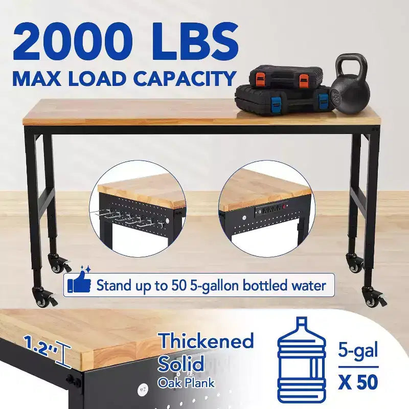 75x25 Adjustable Workbench, 2000lbs Capacity, 29.5-38.4 Height, Garage Table with Wheels & Power Outlet for Workshop Office