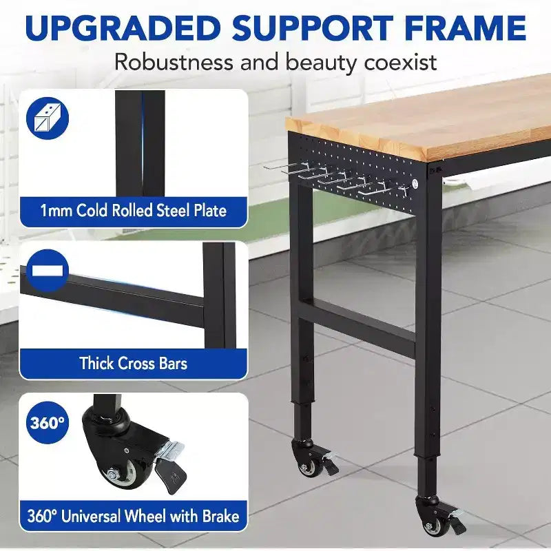 75x25 Adjustable Workbench, 2000lbs Capacity, 29.5-38.4 Height, Garage Table with Wheels & Power Outlet for Workshop Office