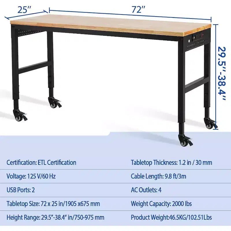 75x25 Adjustable Workbench, 2000lbs Capacity, 29.5-38.4 Height, Garage Table with Wheels & Power Outlet for Workshop Office