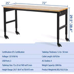75x25 Adjustable Workbench, 2000lbs Capacity, 29.5-38.4 Height, Garage Table with Wheels & Power Outlet for Workshop Office