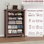Freestanding 41.3 Tall Vertical 5 Drawer Dresser with Storage , Wooden Closet Storage Chest for Living Room, Bedroom, Entryway, Bedroom