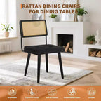 Rattan Dining Chairs Set of 2, PU Upholstered Kitchen Chairs with Tall Cane Backrest & Strong Wood Legs for Dining Room
