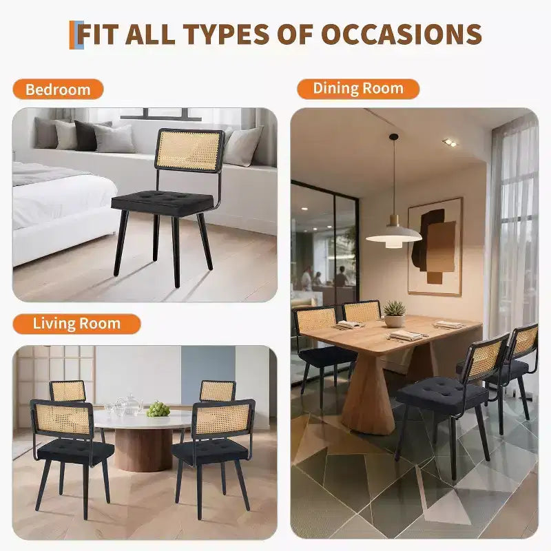 Rattan Dining Chairs Set of 2, PU Upholstered Kitchen Chairs with Tall Cane Backrest & Strong Wood Legs for Dining Room