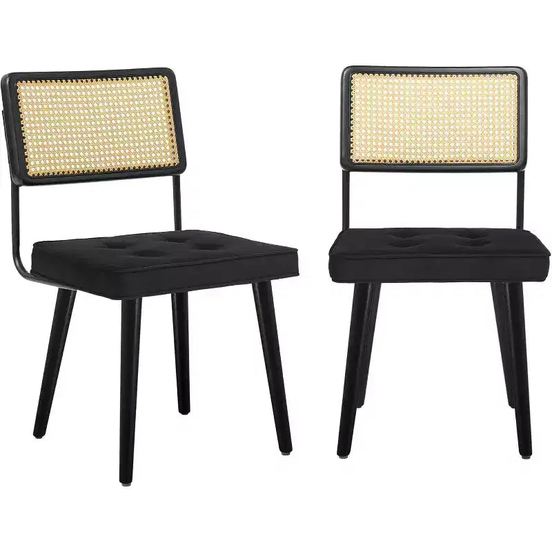 Rattan Dining Chairs Set of 2, PU Upholstered Kitchen Chairs with Tall Cane Backrest & Strong Wood Legs for Dining Room