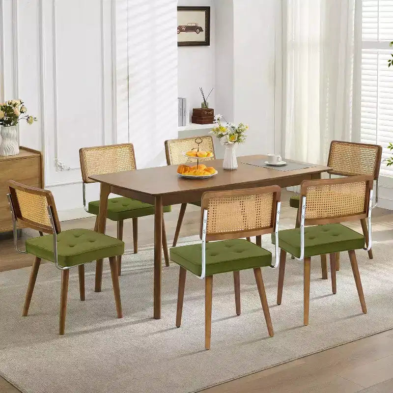 Rattan Dining Chairs Set of 2, PU Upholstered Kitchen Chairs with Tall Cane Backrest & Strong Wood Legs for Dining Room