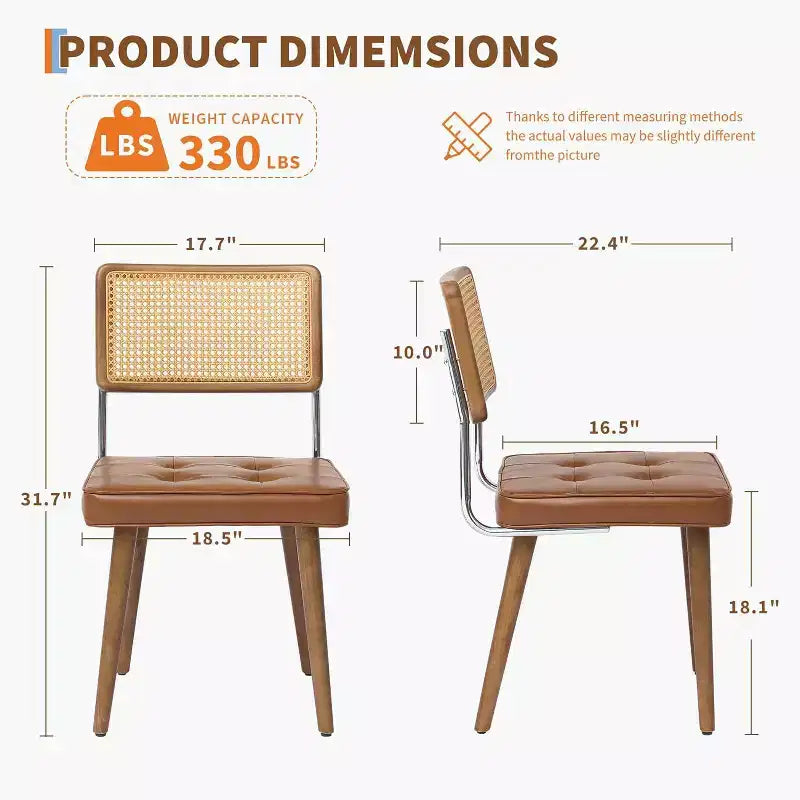 Rattan Dining Chairs Set of 2, PU Upholstered Kitchen Chairs with Tall Cane Backrest & Strong Wood Legs for Dining Room