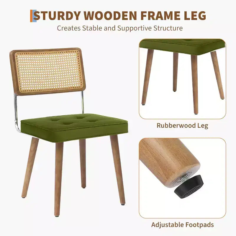Rattan Dining Chairs Set of 2, PU Upholstered Kitchen Chairs with Tall Cane Backrest & Strong Wood Legs for Dining Room