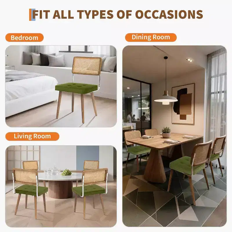 Rattan Dining Chairs Set of 2, PU Upholstered Kitchen Chairs with Tall Cane Backrest & Strong Wood Legs for Dining Room