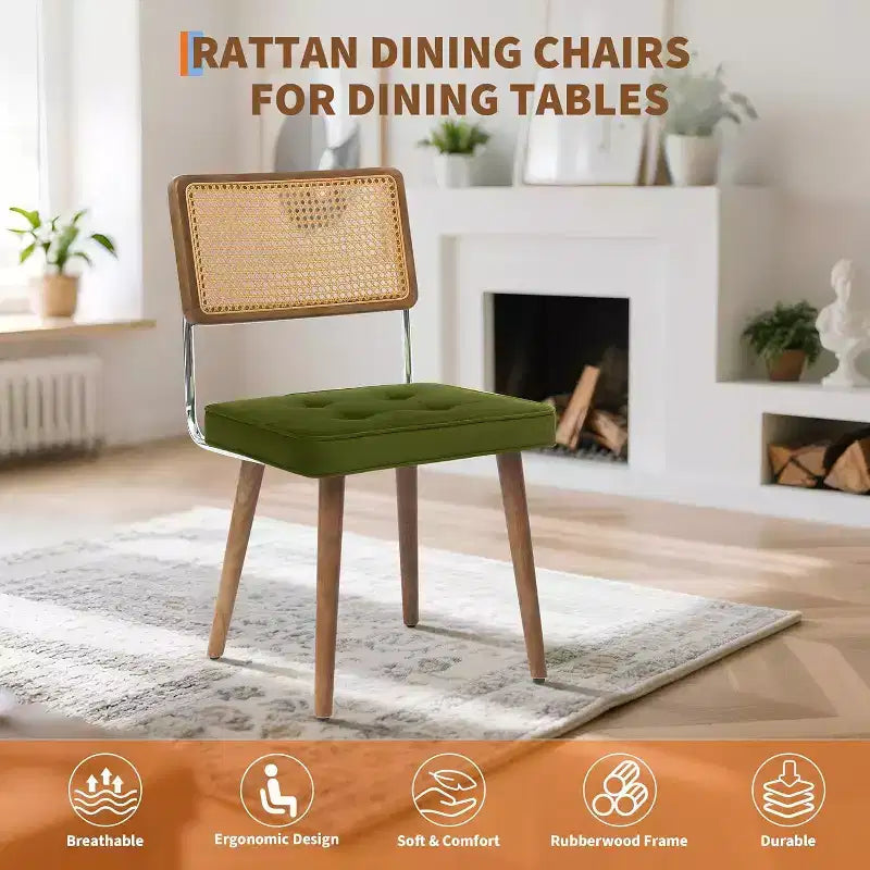 Rattan Dining Chairs Set of 2, PU Upholstered Kitchen Chairs with Tall Cane Backrest & Strong Wood Legs for Dining Room