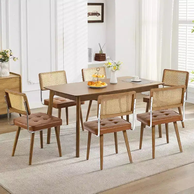 Rattan Dining Chairs Set of 2, PU Upholstered Kitchen Chairs with Tall Cane Backrest & Strong Wood Legs for Dining Room