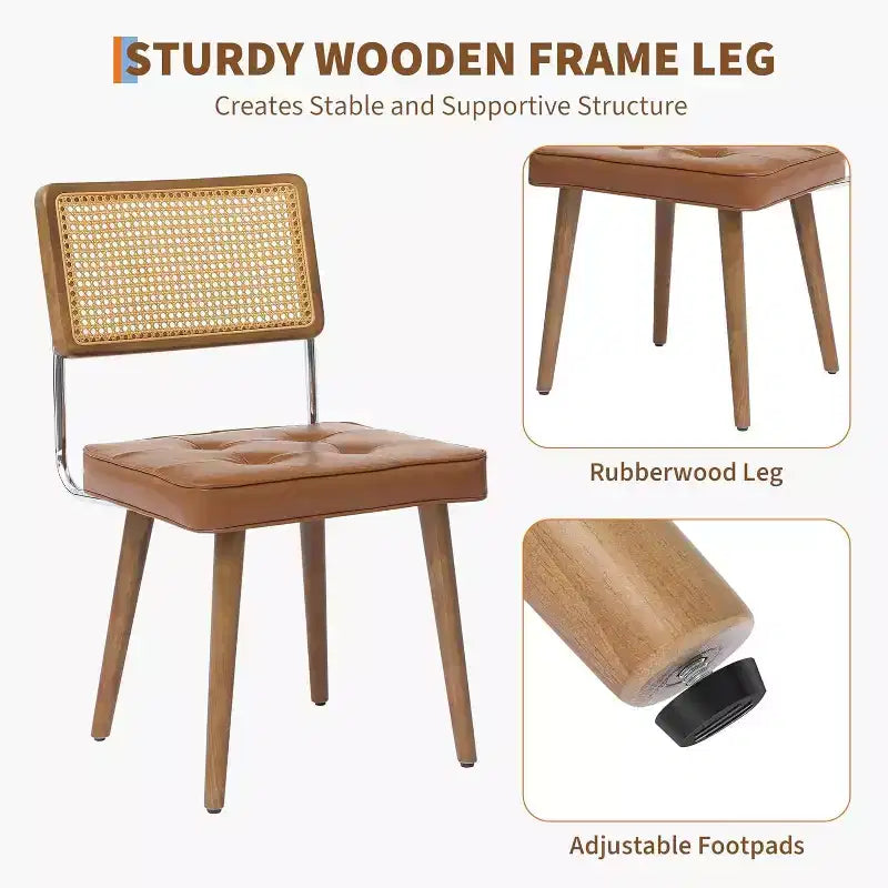 Rattan Dining Chairs Set of 2, PU Upholstered Kitchen Chairs with Tall Cane Backrest & Strong Wood Legs for Dining Room