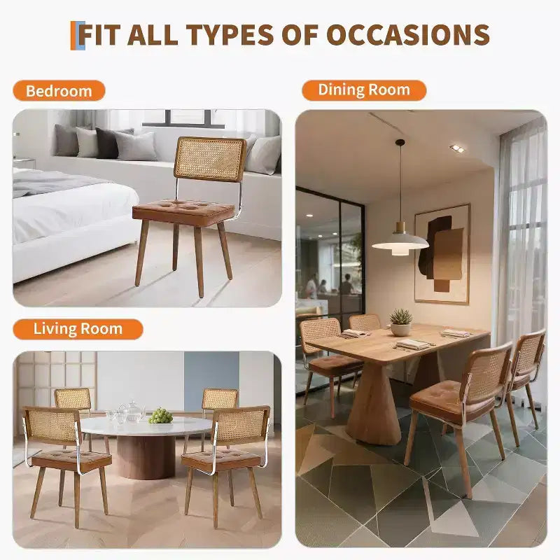 Rattan Dining Chairs Set of 2, PU Upholstered Kitchen Chairs with Tall Cane Backrest & Strong Wood Legs for Dining Room