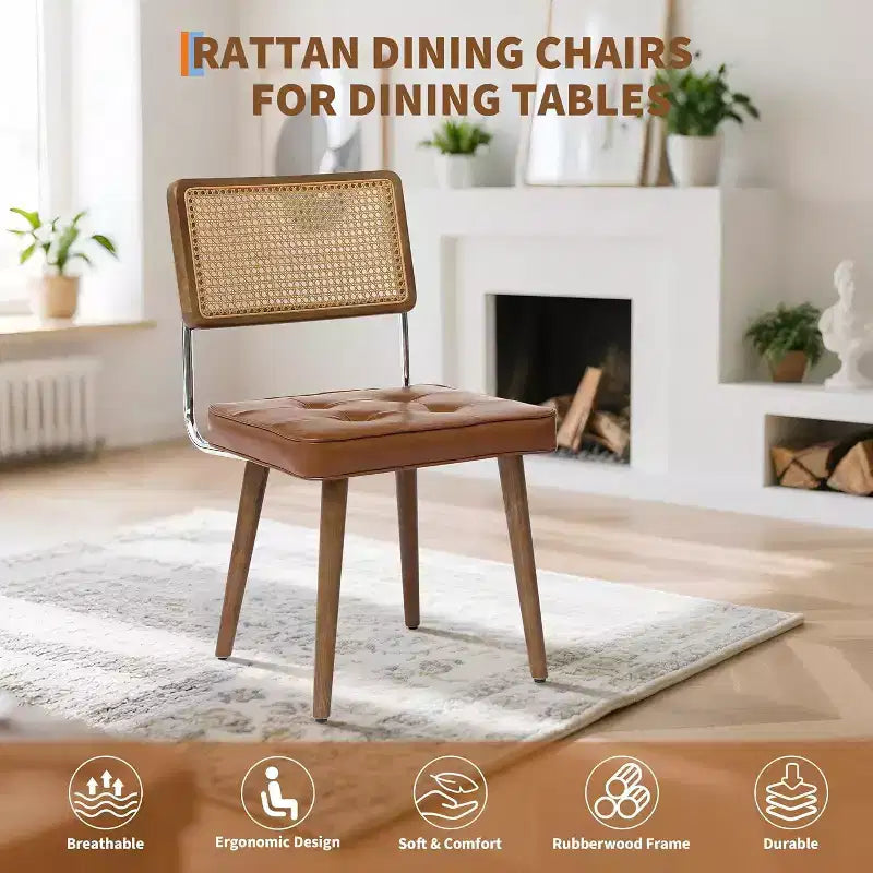 Rattan Dining Chairs Set of 2, PU Upholstered Kitchen Chairs with Tall Cane Backrest & Strong Wood Legs for Dining Room