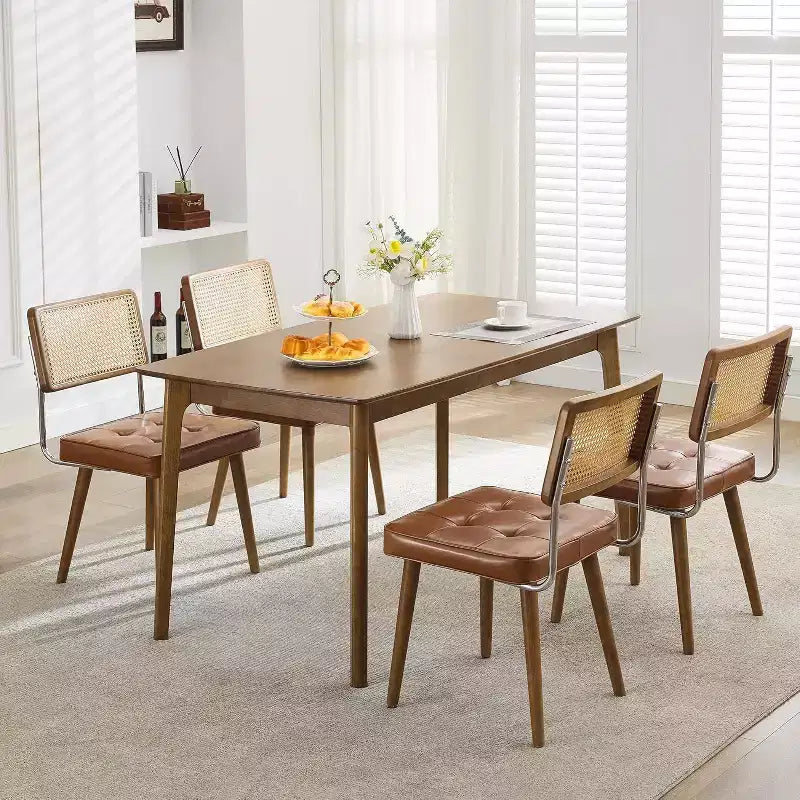 Acekool Rattan Dining Chairs Set of 2, PU Upholstered Kitchen Chairs with Tall Cane Backrest & Strong Wood Legs for Dining Room