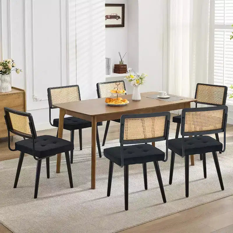 Rattan Dining Chairs Set of 2, PU Upholstered Kitchen Chairs with Tall Cane Backrest & Strong Wood Legs for Dining Room