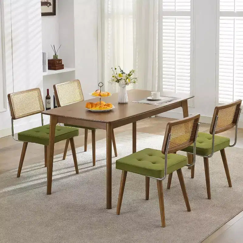 Rattan Dining Chairs Set of 2, PU Upholstered Kitchen Chairs with Tall Cane Backrest & Strong Wood Legs for Dining Room