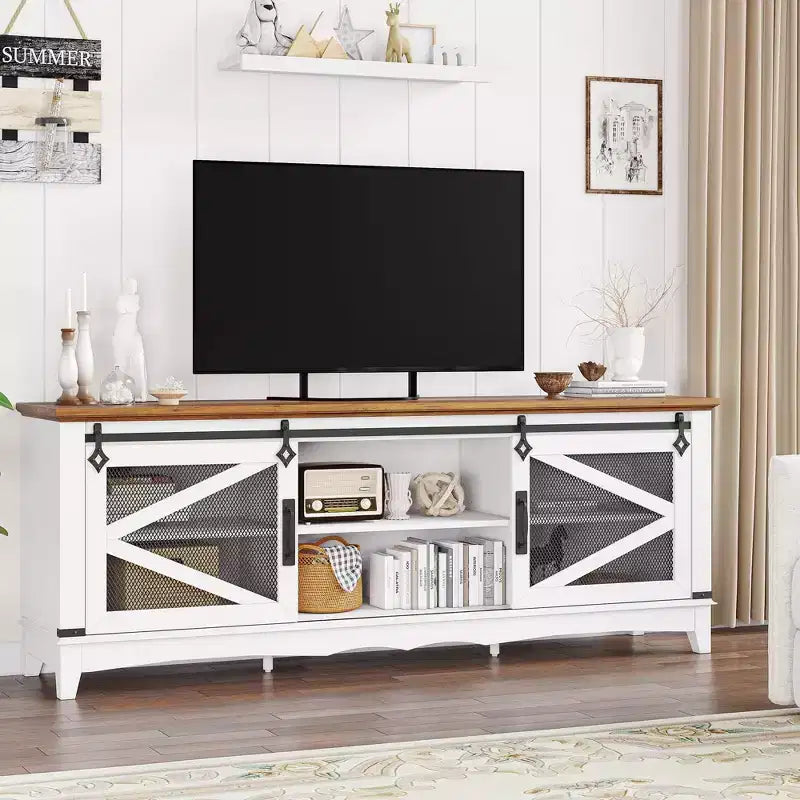 75 Inch Farmhouse Tv Stand Modern Farmhouse TV Stand - with Sliding Barn Doors, Storage Compartments, and Adjustable Shelf - White