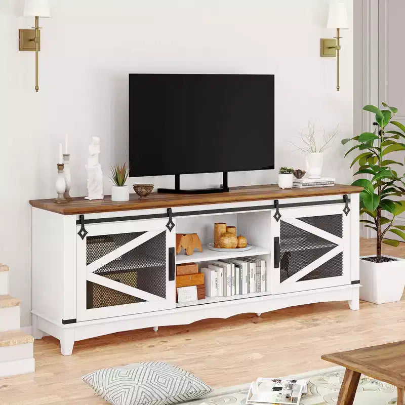 75 Inch Farmhouse Tv Stand Modern Farmhouse TV Stand - with Sliding Barn Doors, Storage Compartments, and Adjustable Shelf - White