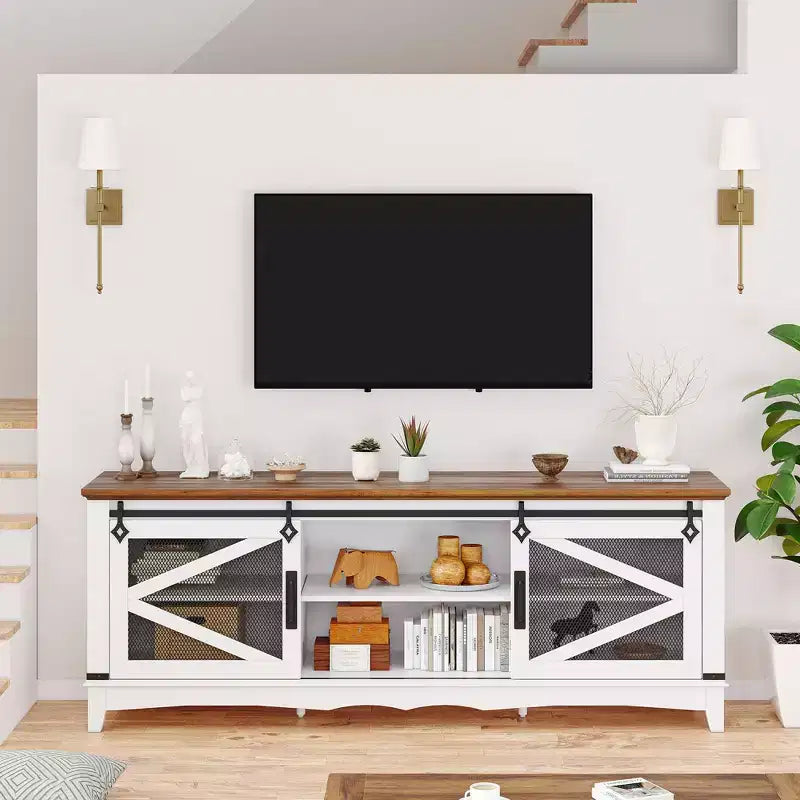 75 Inch Farmhouse Tv Stand Modern Farmhouse TV Stand - with Sliding Barn Doors, Storage Compartments, and Adjustable Shelf - White