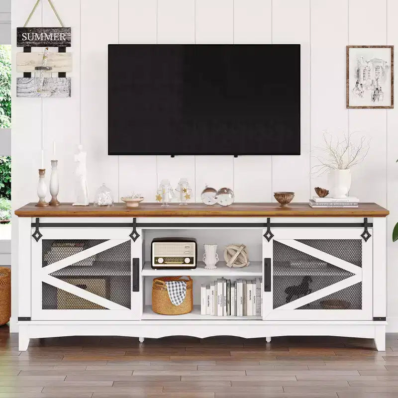 75 Inch Farmhouse Tv Stand Modern Farmhouse TV Stand - with Sliding Barn Doors, Storage Compartments, and Adjustable Shelf - White
