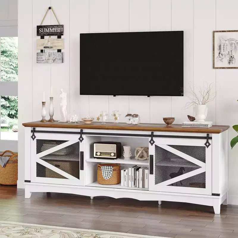 75 Inch Farmhouse Tv Stand Modern Farmhouse TV Stand - with Sliding Barn Doors, Storage Compartments, and Adjustable Shelf - White