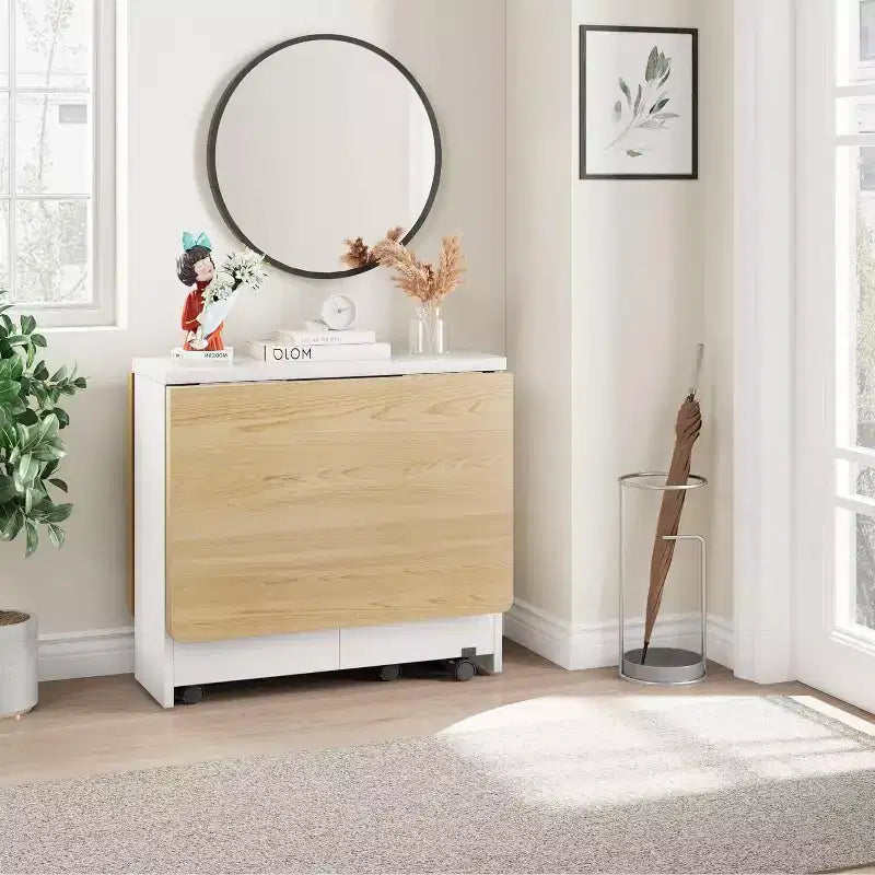 Drop Leaf Dining Table for 4, Space Saving Foldable Kitchen Table with 2 Storage Shelf for Small Spaces, Movable Kitchen Table with 6 Wheels
