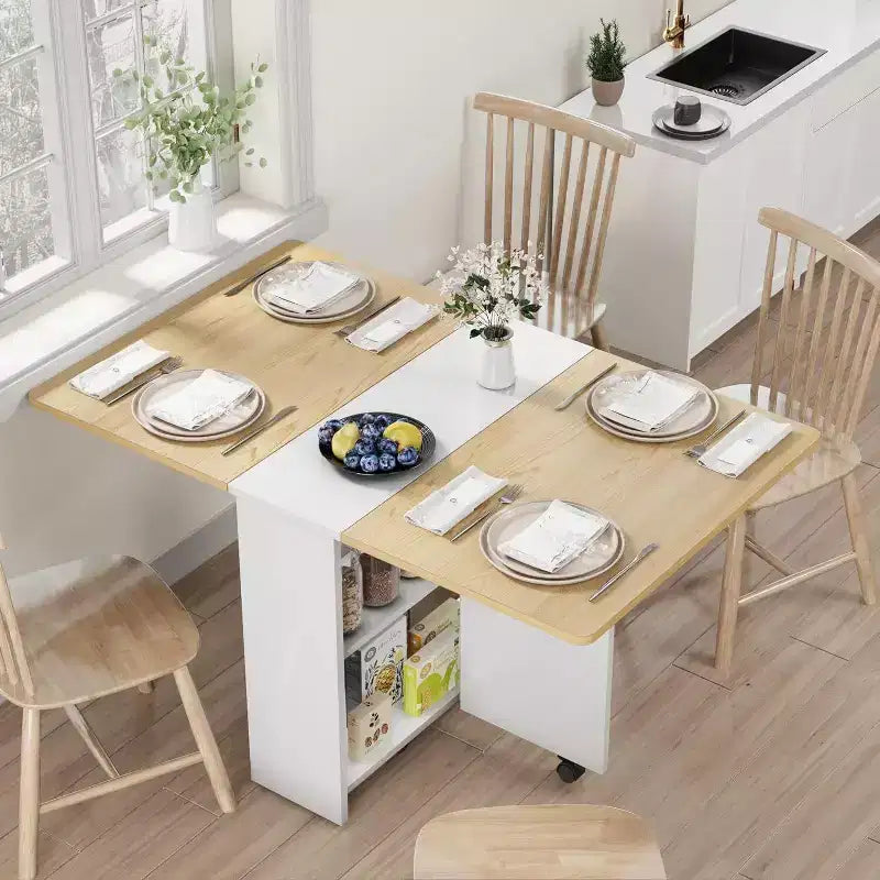 Drop Leaf Dining Table for 4, Space Saving Foldable Kitchen Table with 2 Storage Shelf for Small Spaces, Movable Kitchen Table with 6 Wheels