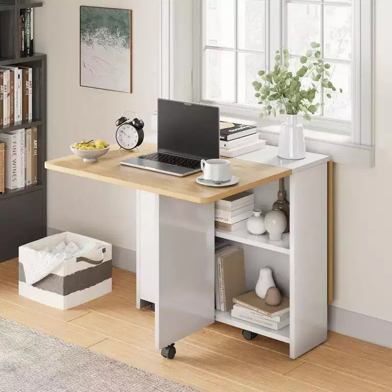 Drop Leaf Dining Table for 4, Space Saving Foldable Kitchen Table with 2 Storage Shelf for Small Spaces, Movable Kitchen Table with 6 Wheels