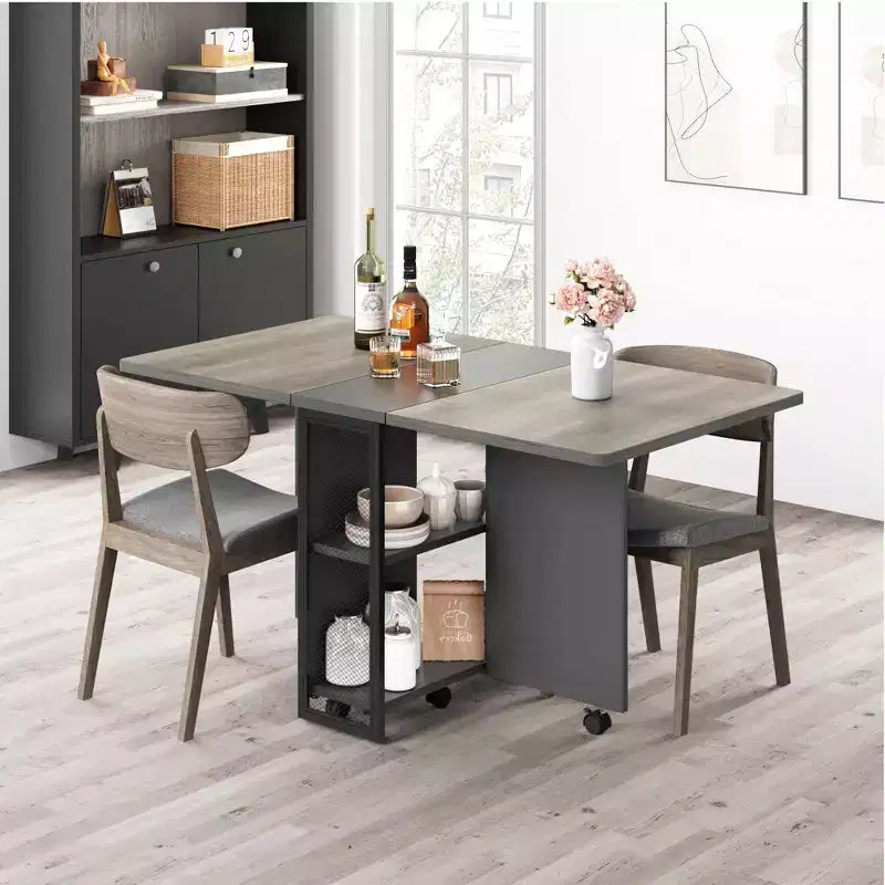 Drop Leaf Dining Table for 4, Space Saving Foldable Kitchen Table with 2 Storage Shelf for Small Spaces, Movable Kitchen Table with 6 Wheels