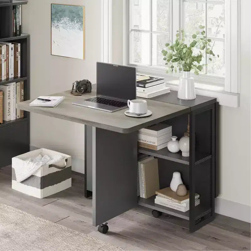 Drop Leaf Dining Table for 4, Space Saving Foldable Kitchen Table with 2 Storage Shelf for Small Spaces, Movable Kitchen Table with 6 Wheels