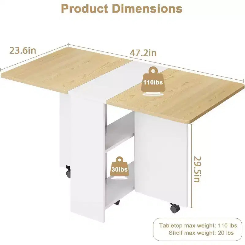 Drop Leaf Dining Table for 4, Space Saving Foldable Kitchen Table with 2 Storage Shelf for Small Spaces, Movable Kitchen Table with 6 Wheels