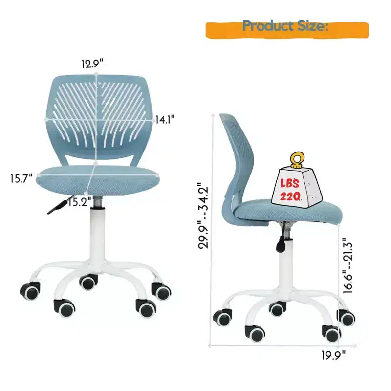 Adjustable Armless Swivel Study Chair for Kids, Dorm & Small Home Office