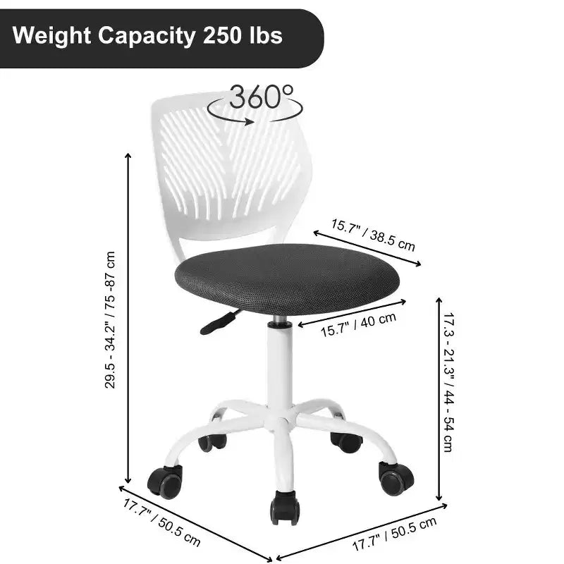 Adjustable Armless Swivel Study Chair for Kids, Dorm & Small Home Office