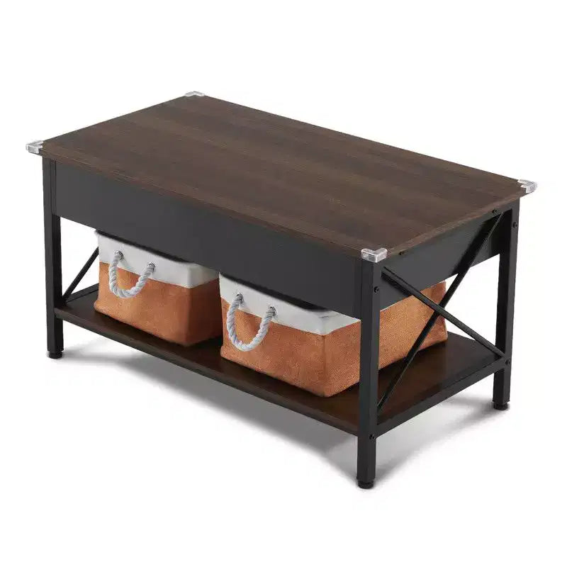 Rectangular Nordic Walnut P2 Board with Side X-shaped Metal Frame, Adjustable Height, 2 Storage Bags, Coffee Table