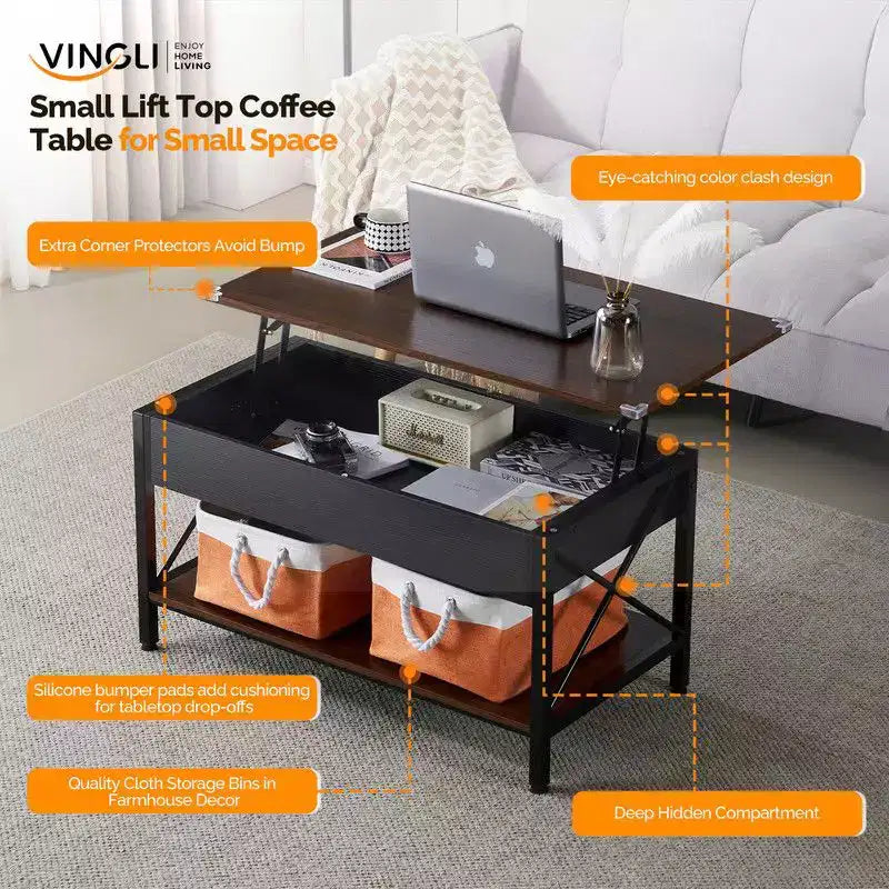 Rectangular Nordic Walnut P2 Board with Side X-shaped Metal Frame, Adjustable Height, 2 Storage Bags, Coffee Table