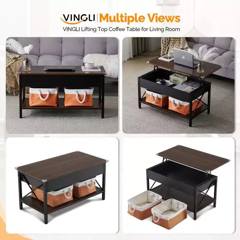 Rectangular Nordic Walnut P2 Board with Side X-shaped Metal Frame, Adjustable Height, 2 Storage Bags, Coffee Table